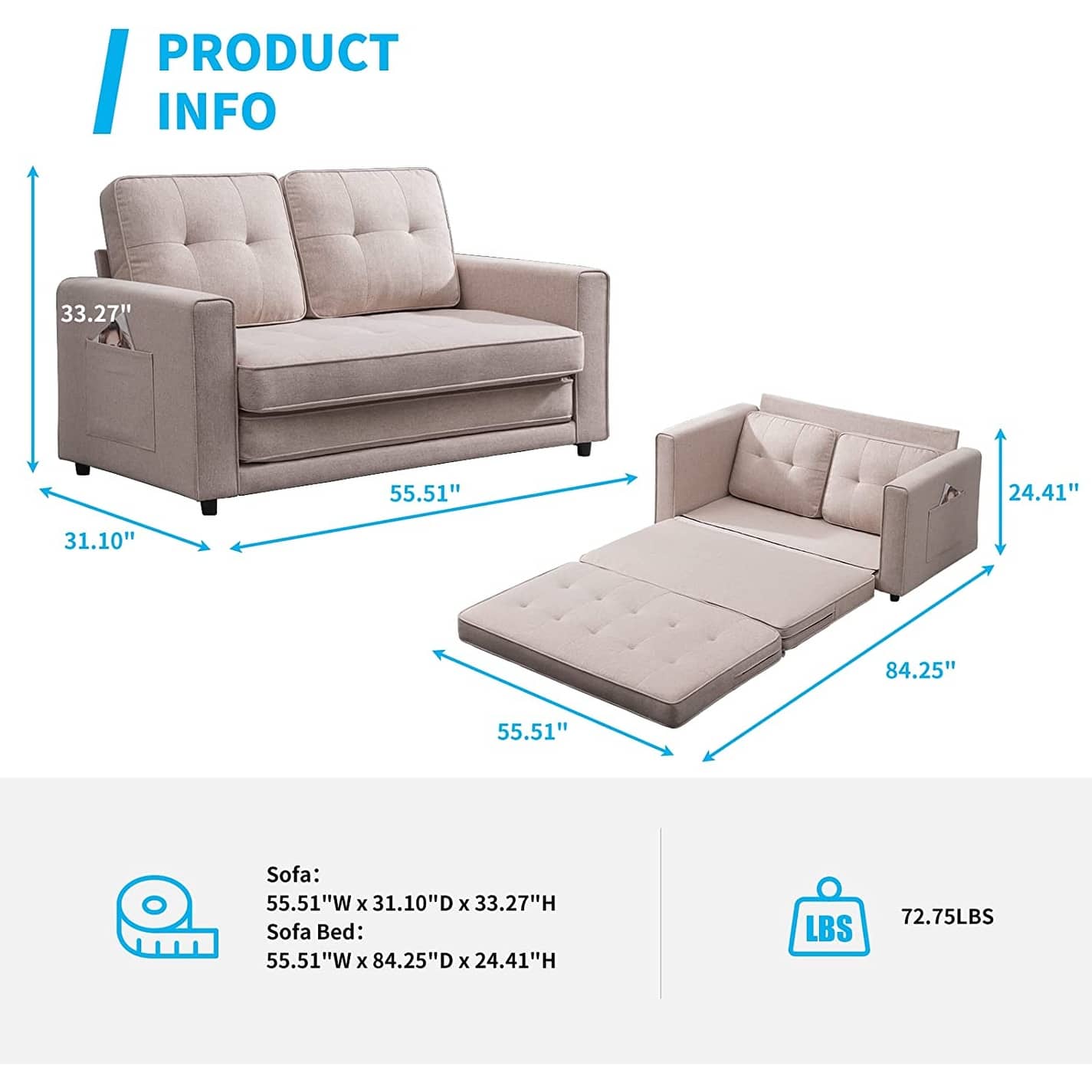 Mixoy 84"Modern 3in1 Loveseat Sleeper Sofa,MultiFunction TriFold